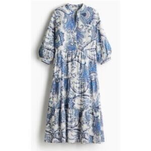 H&M Women’s Floral Blue and White Midi Dress tiered cotton size Large